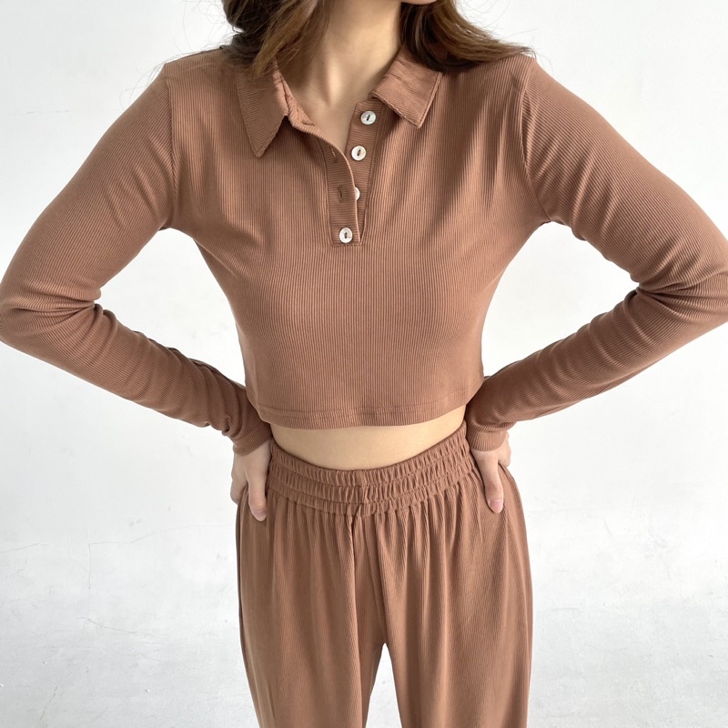 NUO SET | Setelan Wanita Ribbed Knit Set Polo Top Lengan Celana Panjang Highwaist Highwaisted Pants