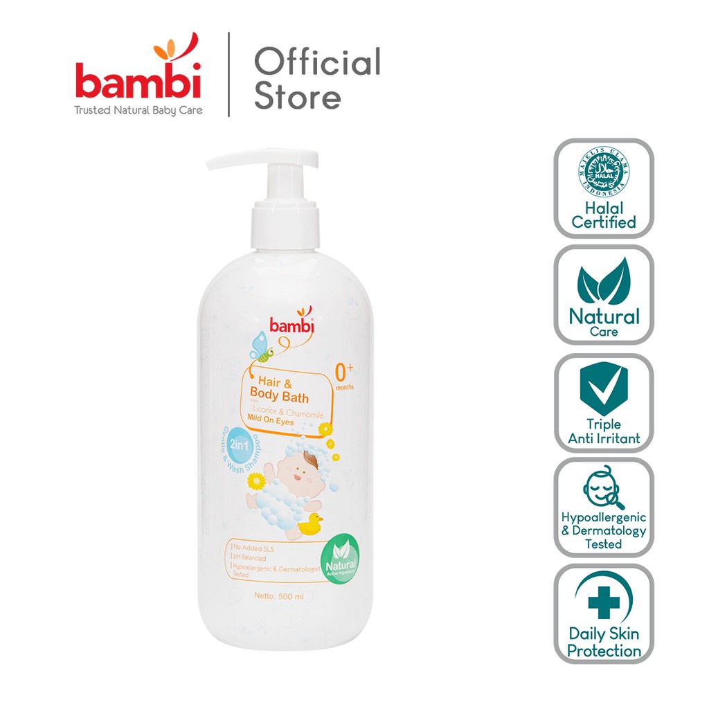Bambi Baby Hair &amp; Body Bath 2in1 500ml (Pump) - Sabun &amp; Sampo Untuk Bayi