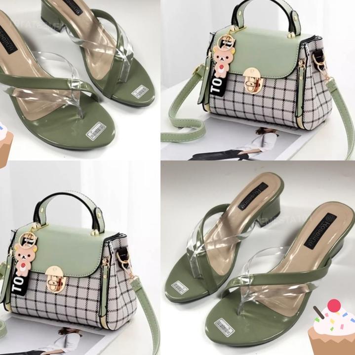 [Y-4Y ☎] Promo  Satu Set Tas Square Fashion Wanita & Sandal Hak Tinggi 5cm-banyak diminati