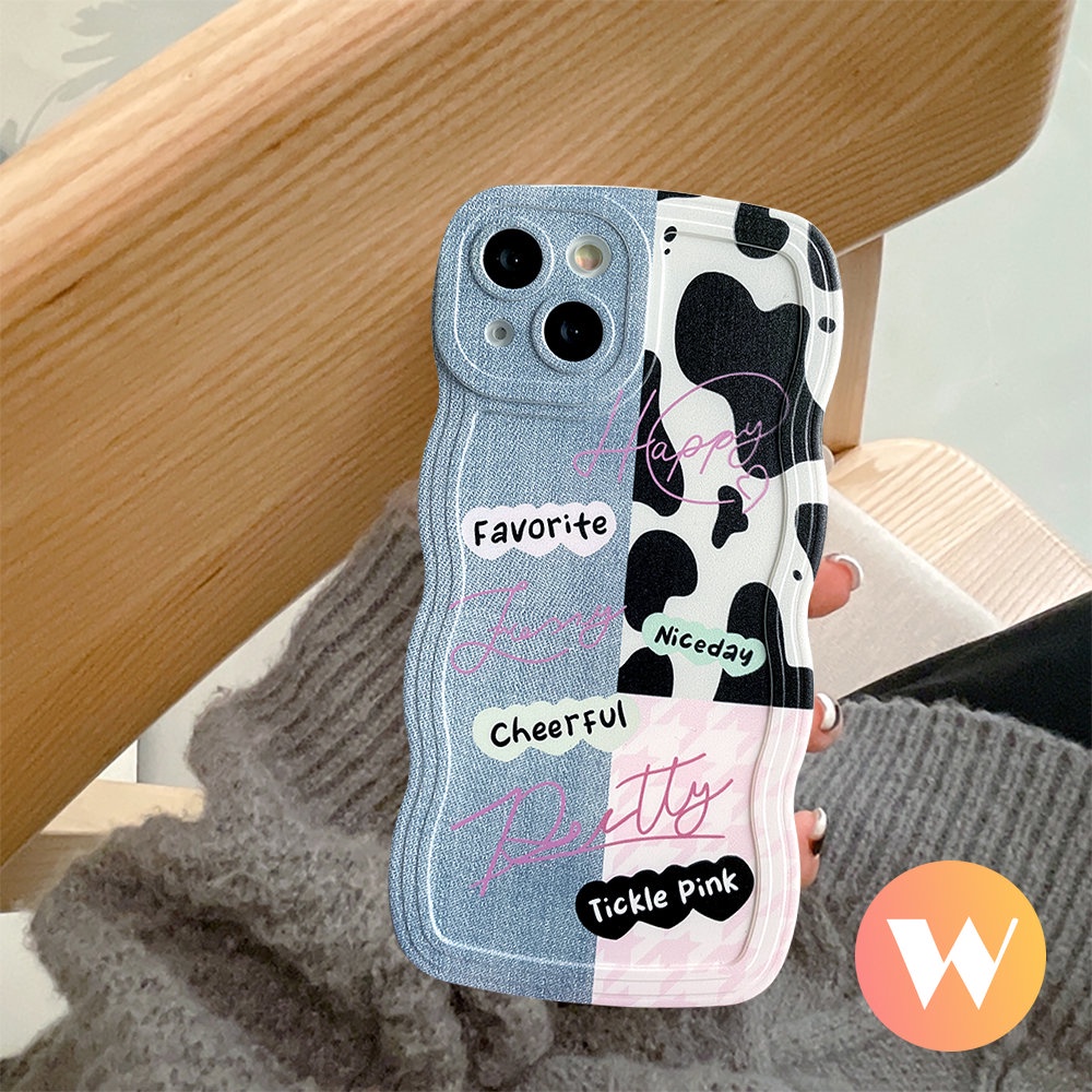 IPHONE Fashion Leopard Print Soft Tpu Case Kompatibel Untuk Iphone11 Pro Max XR 7Plus X XS Max7 8 6s 6 14 Plus 12 11 13 14 Pro Max SE 2020 Denim Patch Splicing Lucu Smiley Cover