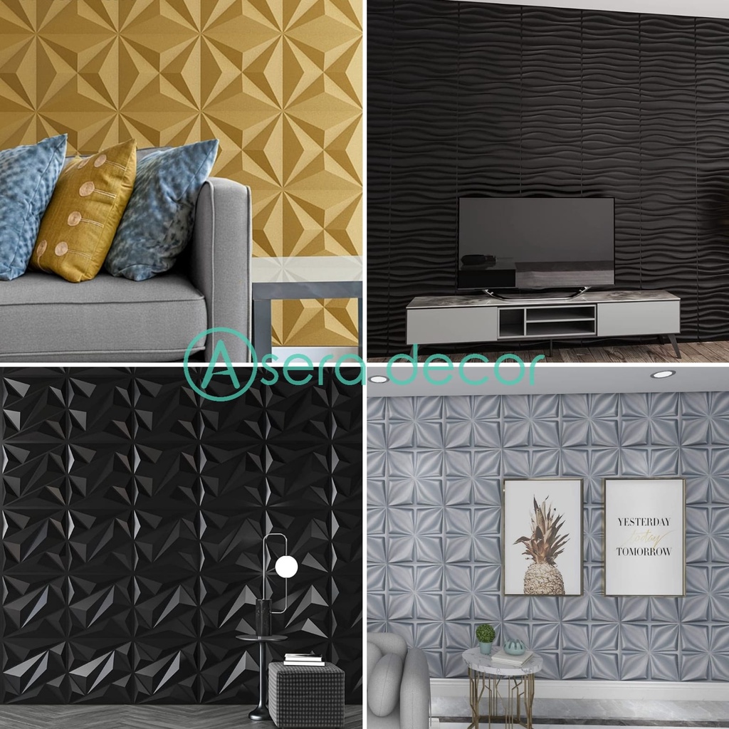 WALLPANEL 3D PVC WALL PANEL DINDING WARNA HITAM / SILVER /GOLD 50x50CM
