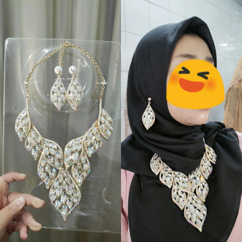 ( cod sale ) kalung set anting tusuk premium jumbo besar mata permata mengkilap cantik manten pengan