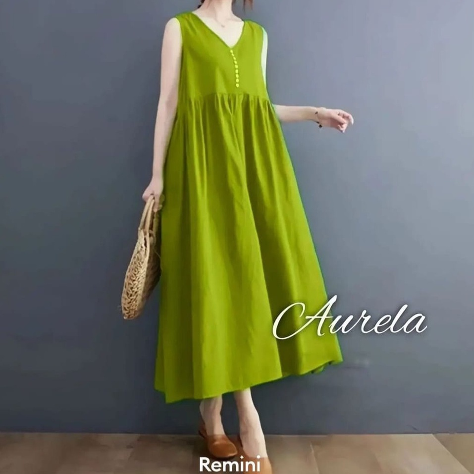 Aurela Midi Dress Kekinian Bahan Cringkle Busui Friendly LD 110 Motif Polos / Baju Tidur  Cewek Terlaris / Pakaian Santai Wanita / Piyama Cantik / Fashion Vintage / Outfit Ootd