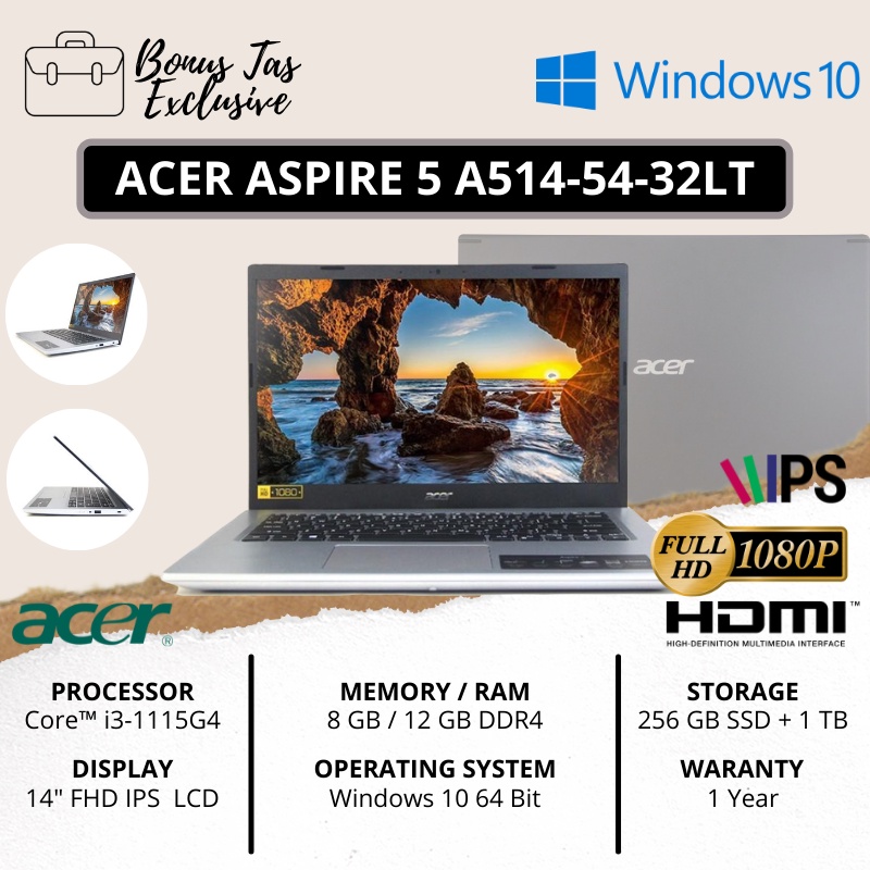 LAPTOP ACER CORE I3 GEN 11 DUAL STORAGE SSD 256 GB + HDD 1 TB - RAM 12 GB - INTEL UHD GRAPHICS - 14&quot; IPS FHD - FREE INSTALL WINDOWS 10 + OFFICE - ACER ASPIRE 5 A514-54-32LT