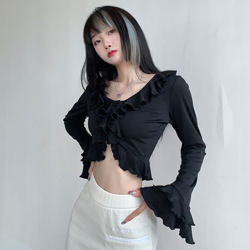 ◊☈Suhao Dark Bahasa Perancis Gaya Pengadilan Terompet Lengan Panjang Mengacak-acak T-shirt Wanita Manis Gadis Panas All-Match Slim Pinggang pendek Top