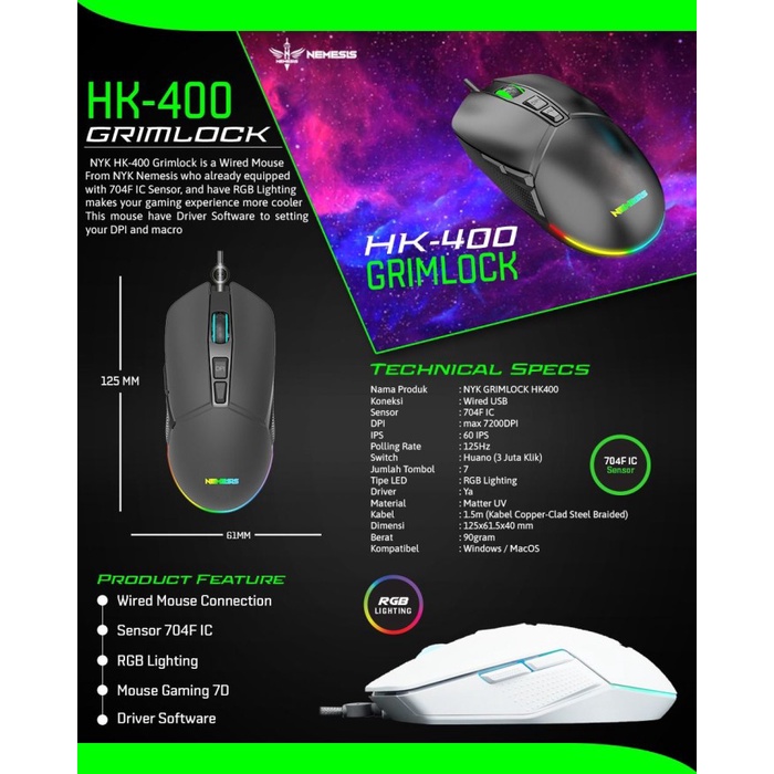 Mouse Gaming NYK Nemesis HK400 Grimlock HK 400 RGB WIRED USB