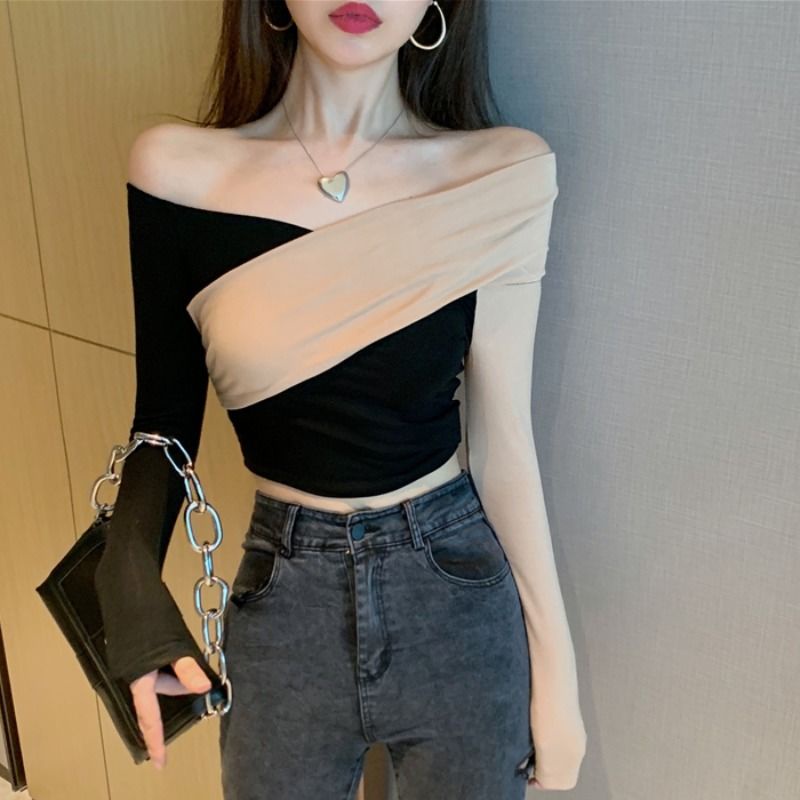 ☈┋Suhao keinginan murni hot girl one-shoulder bottoming kemeja musim dingin wanita pakaian dalam chic top in rasa desain ceruk pinggang T-shirt pendek