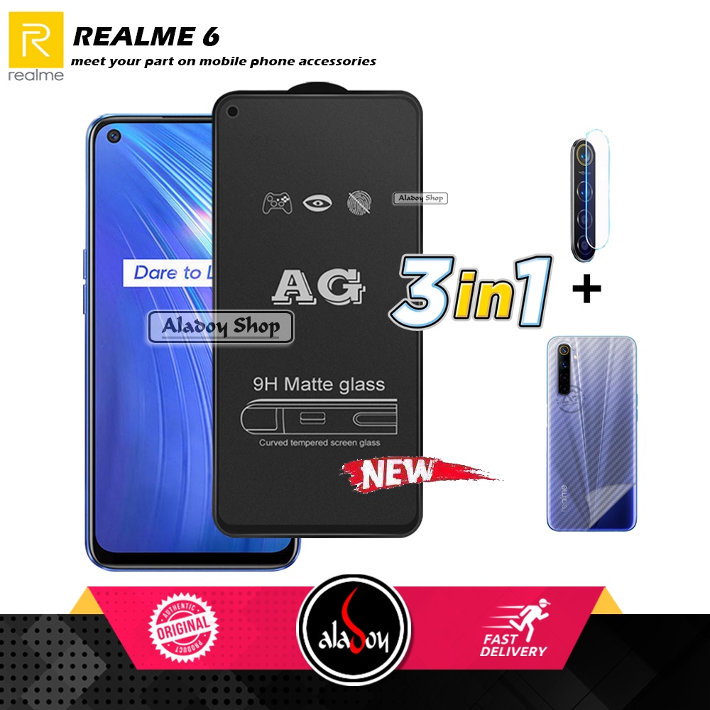 Paket 3IN1 Tempered Glass Layar Matte Anti Glare Realme 6 Free Tempered Glass Camera dan Skin Carbon