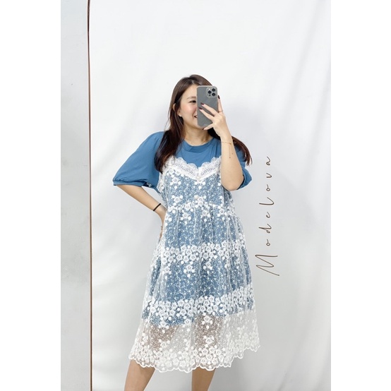 MDLV ~ 17330# Jocea Lace Layered Tee Dress Flower korea import