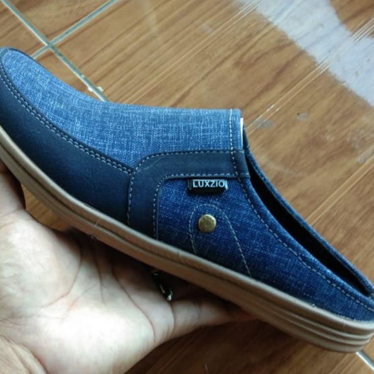 Sandal Selop Bustong Pria Slip On Jeans Slop Kasual Kulit Sintetis Premium Sol Lentur Kanvas Cowok "