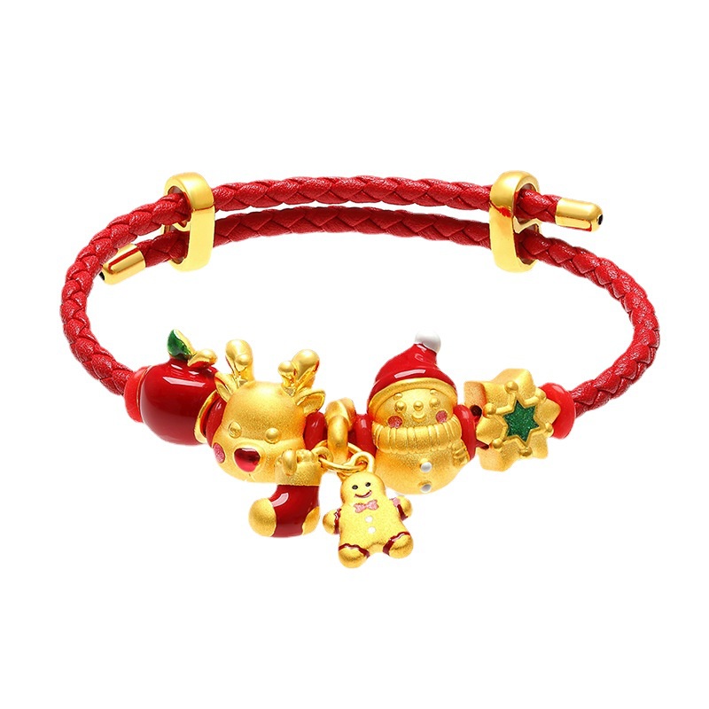 Goldkingdom Perhiasan Fashion Emas Asli Kadar 375Bangkok Aksesoris Ready Stock Berlapis Emas Apel Transshipment Manik-Manik Elk Gelang Wanita Snowman 3D Natal Handjewelry