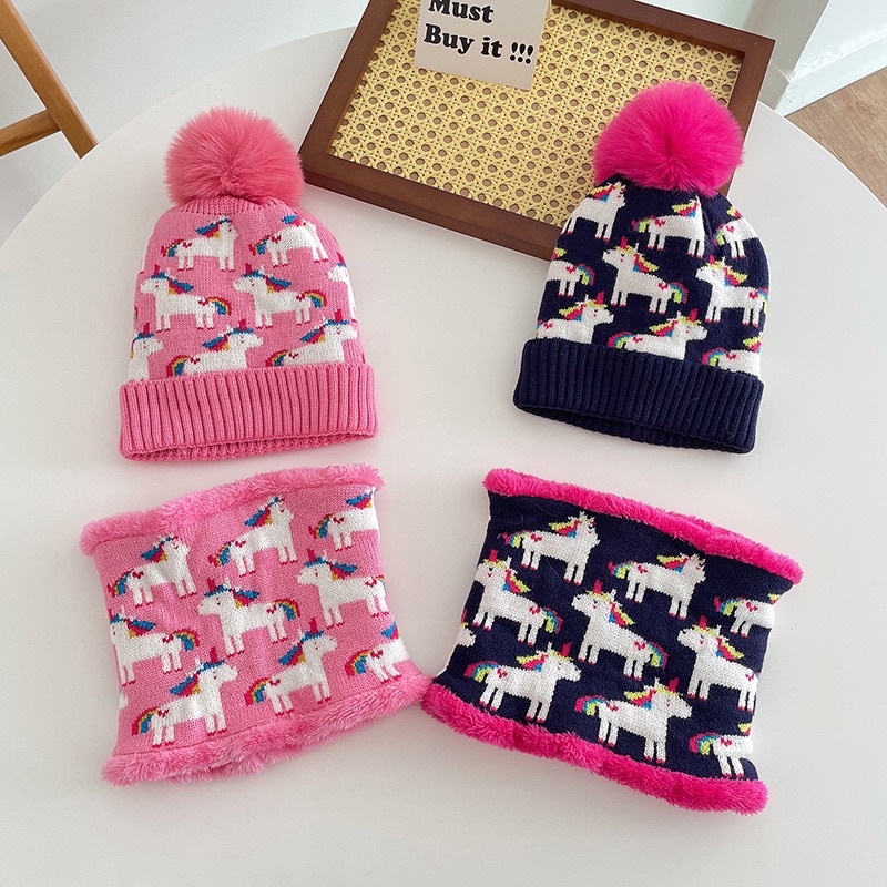 Kids beanie set winter topi syal hangat anak bayi Baby hat neck warmer import musim dingin cowok cewek unicorn