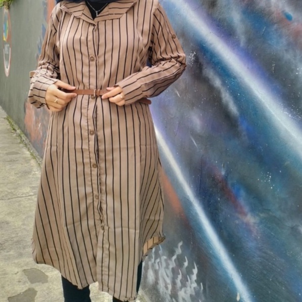 Baju Tunik Salur Wanita Dewasa Free Belt Bahan Monalisa Premium LD 100Cm Fit To L Motif Salur Garis / Fashion Muslim Atasan Wanita Simple Kekinian