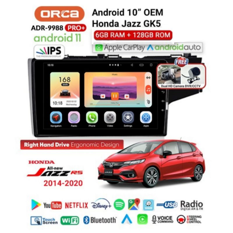 Head Unit Android ORCA PRO JAZZ RS Android ORCA ADR 9988 PRO Plus CARPLAY Ram 6 Gb Rom 128 Gb Free Kamera DVR