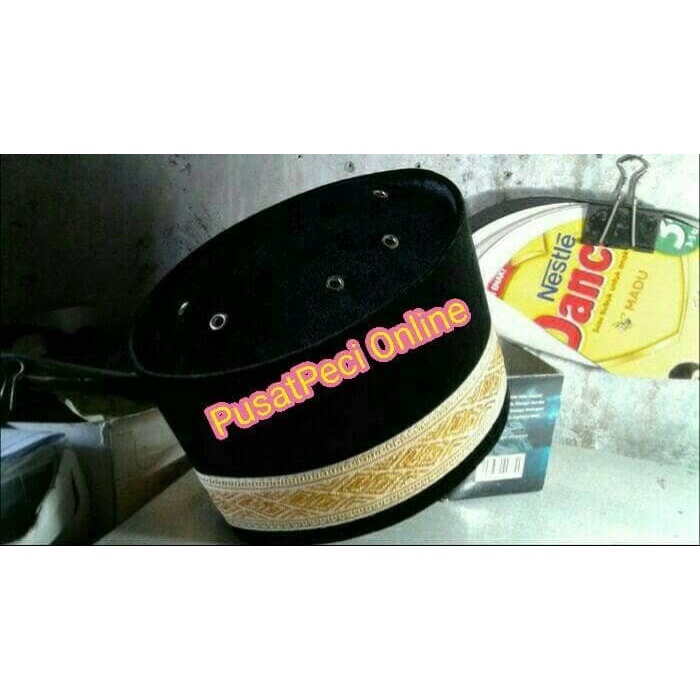 Peci uje bludru hitam renda emas tinggi 12cm size jumbo 10-14cm