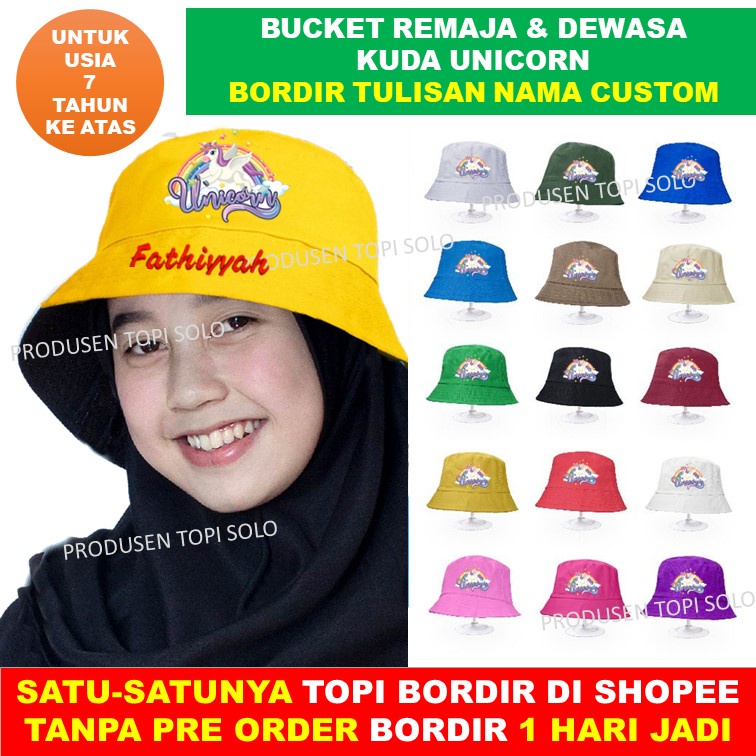 Topi Bucket Dewasa Unicorn Kuda Tanduk Custom Bordir Nama Untuk Remaja &amp; Dewasa