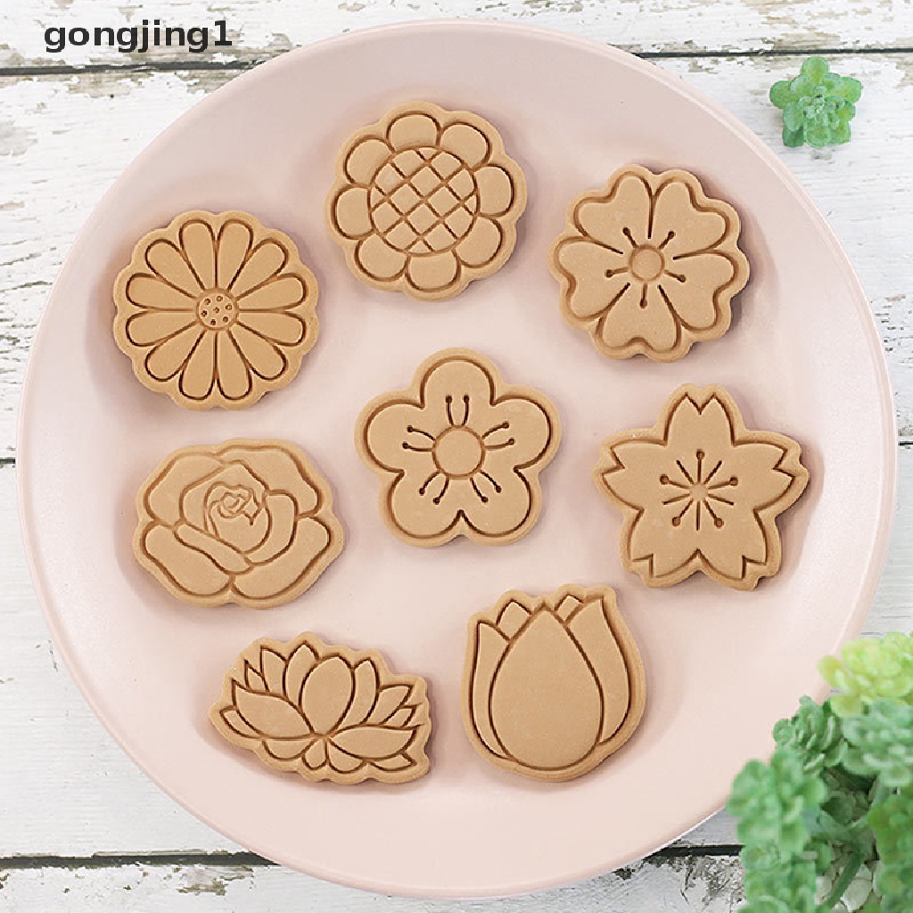 Ggg 8Pcs /Set Bentuk Bunga Pemotong Kue Kering 3D Plastik Biskuit Cetakan Cookie Stamp DIY Fondant Cetakan Kue Dapur Baking Pastry Bakeware Cookie Press Mold ID