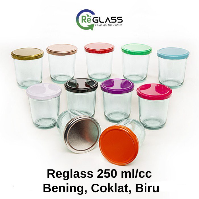 Toples Jar Kaca & Tutup Seng Serbaguna 250 ml cc Daur Ulang ReGlass Bening Biru Amber Coklat Overnig