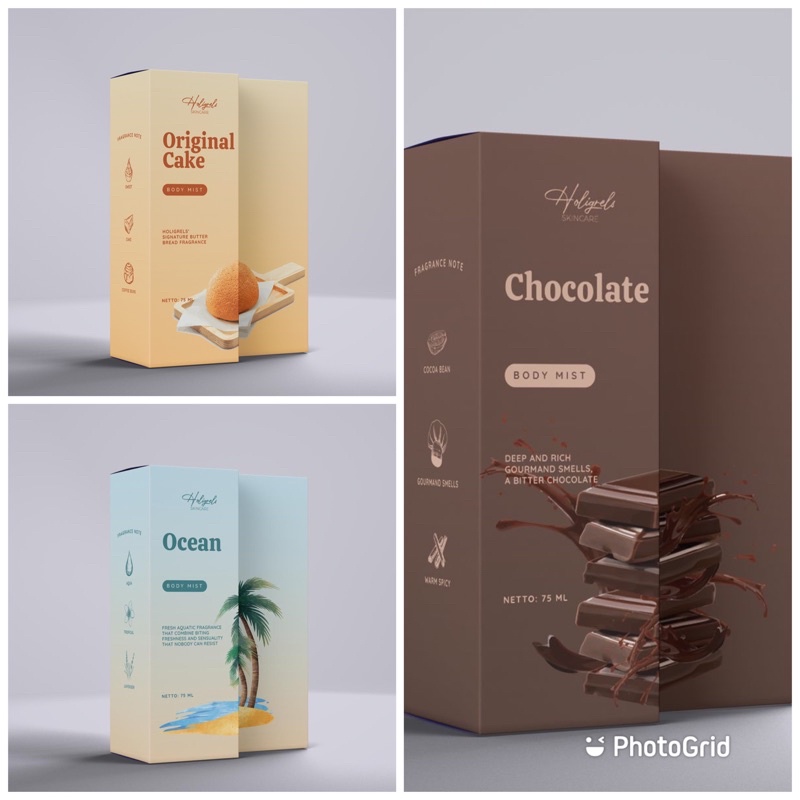 (SIAP KIRIM) BODYMIST HOLIGRELS NEW VARIAN OCEAN, ORIGINAL CAKE, CHOCOLATE BPOM✅