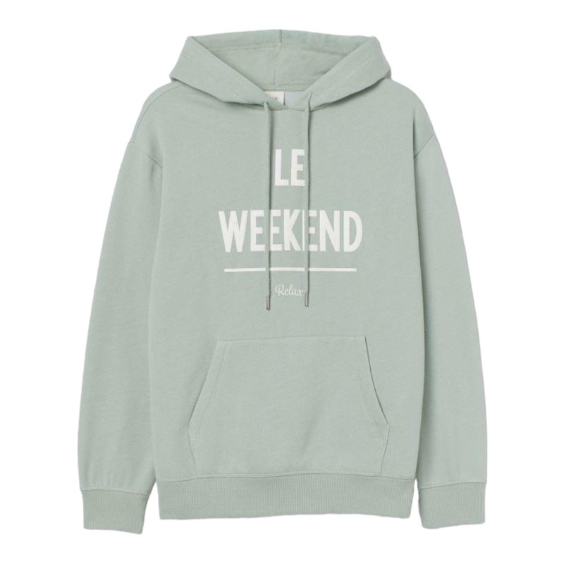 ( 8.8 ) Hoodie H&amp;M Unisex Sablon Le Weekend Hijau Tosca, Flecee Lembut Tebal, Free Papperbag