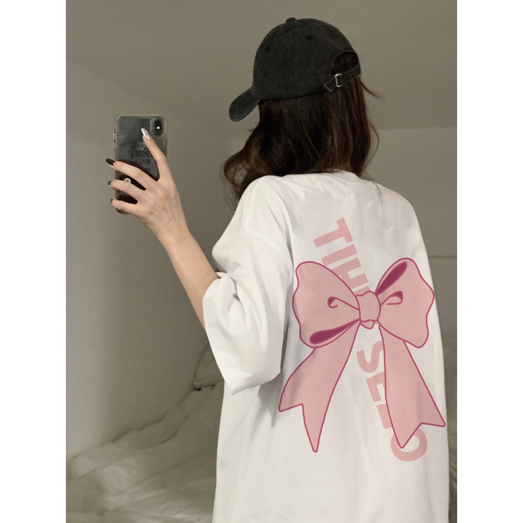 [100%  Katun]Kaos Pink Bow Oversize Kekinian Lengan Pendek Korean Style Printed T-shirt Baju Wanita Hitam
