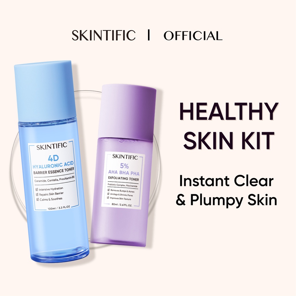 SKINTIFIC - Healthy Skin Set / 4D Hyaluronic Acid ( HA ) Barrier Essence Toner 100Ml Toner Pelembab + 5% Aha Bha Pha Exfoliating Toner 【BPOM】