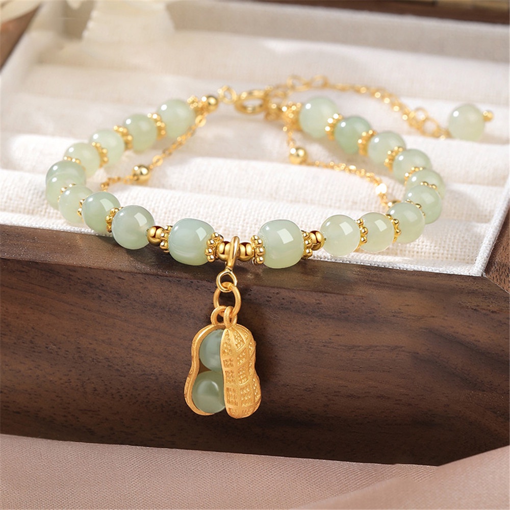 Woman light luxury Elegan retro peanut pendant Jade double-layer Rantai Gelang Perhiasan Hadiah