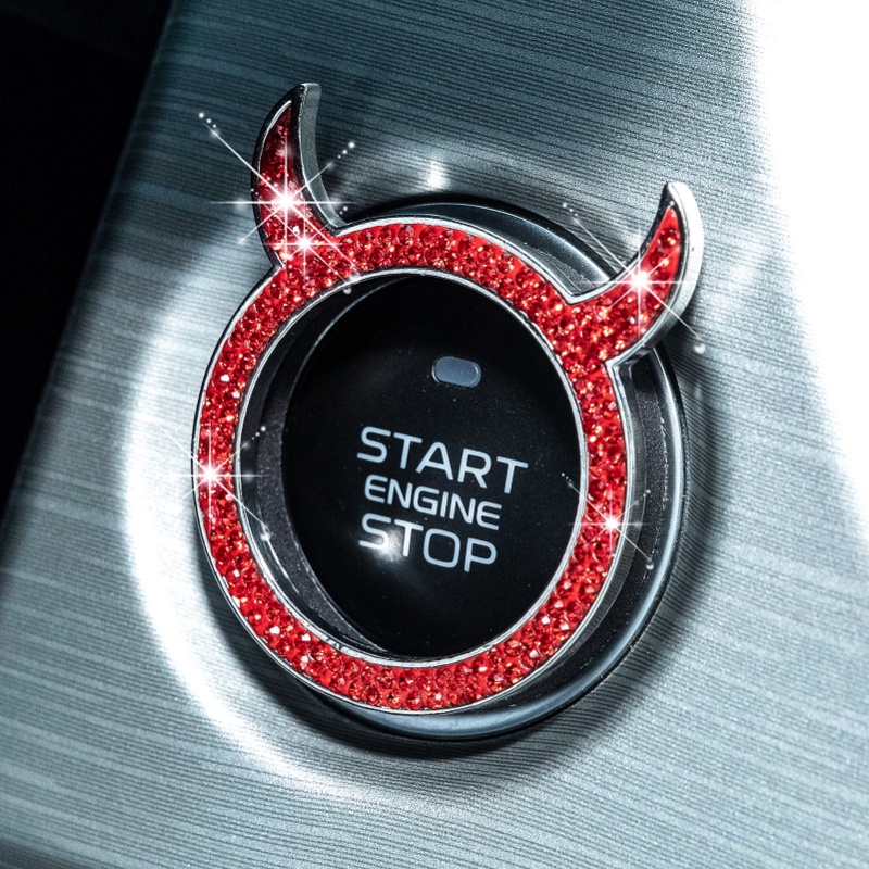 Tombol Saklar Start Stop Kontak Mesin Satu Klik Mobil Tombol Little Devil Cover Rhinestone Cover Pelindung Cincin Tangan-set Stiker Dekorasi Lingkaran