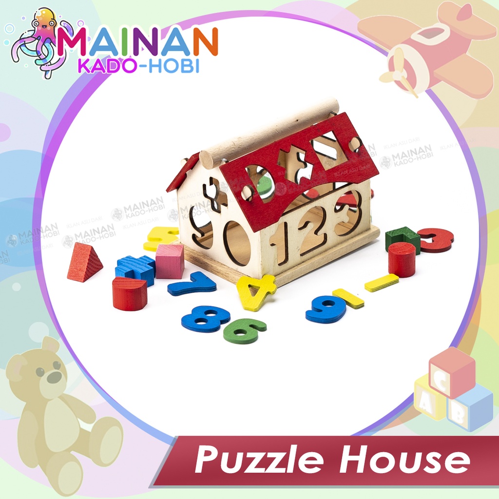 MAINAN EDUKASI ANAK JIGSAW PUZZLE BALOK RUMAH KAYU ANGKA WOODEN HOUSE