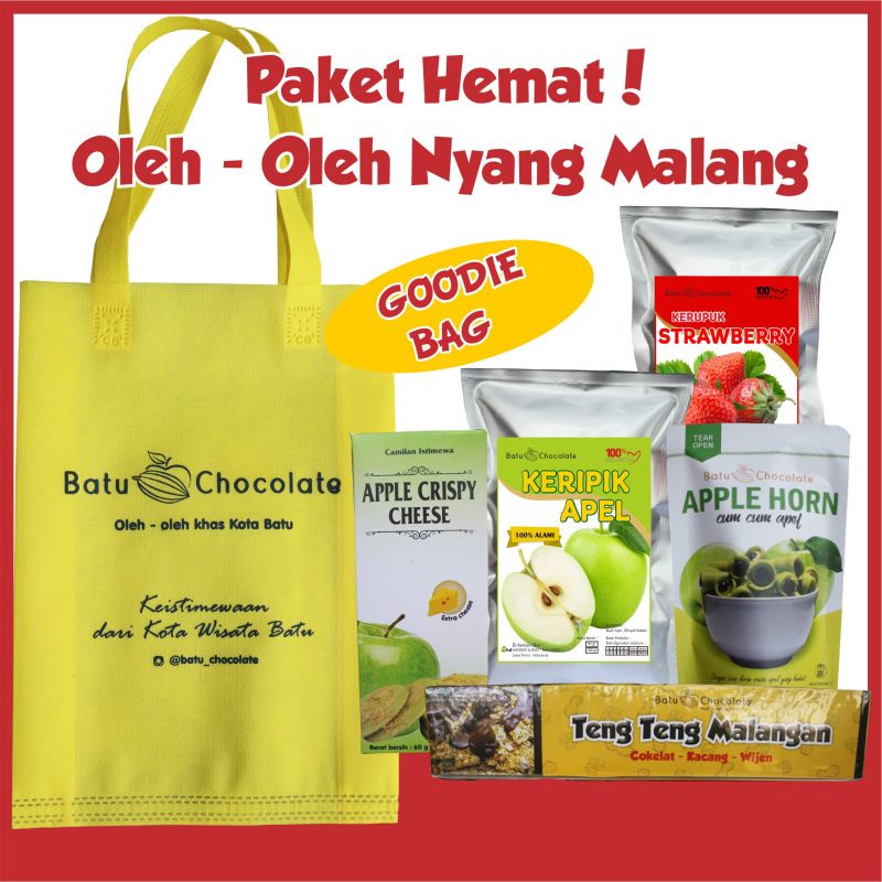 Paket Oleh oleh - Paket Hemat Nyang Malang ~ Isi 5 + 1 Goodie Bag Keren - Isi Paket : Keripik Apel , Apple Crispy Cheese, Kerupuk Strawberry , Teng Teng , Apel Horn  , Goodie Bag