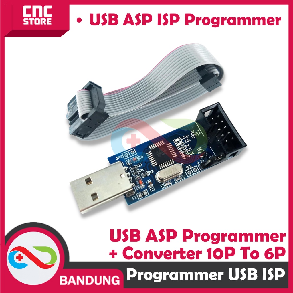 USB ISP ASP PROGRAMMER FOR ATMEL AVR PLUS CONVERTER 10P TO 6P FOR ARDUINO