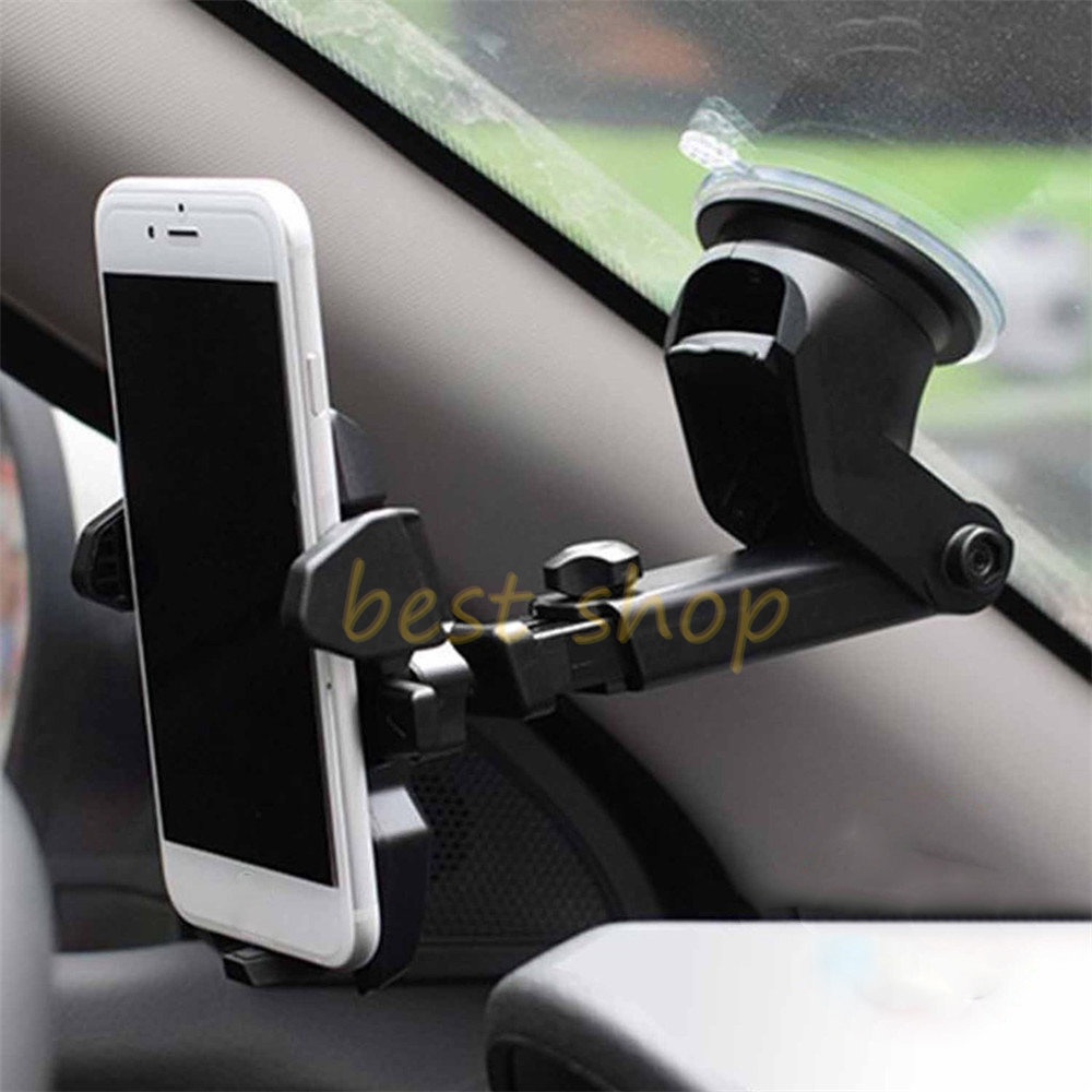 360putar Plastik Silicon Sucker Car Phone Holder Universal Leher Panjang Hitam Dashboard Mobil Berdiri Adjustable Windshield Mobile Mount