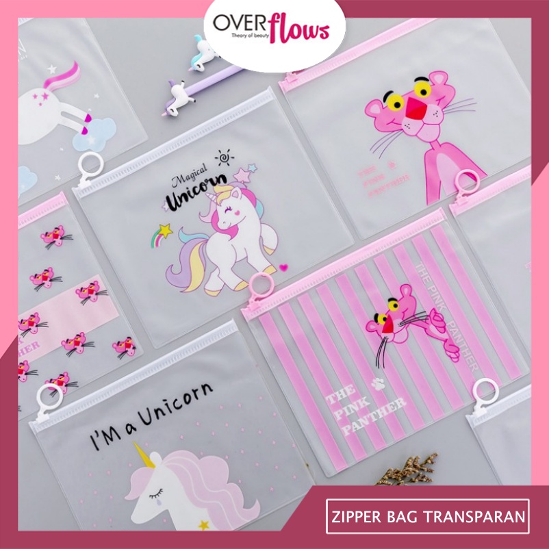 OVERFLOWS.ID  ZIPPER BAG TRANSPARAN UNICORN &amp; PINK PANTHER / TEMPAT PENSIL UNICORN PC010