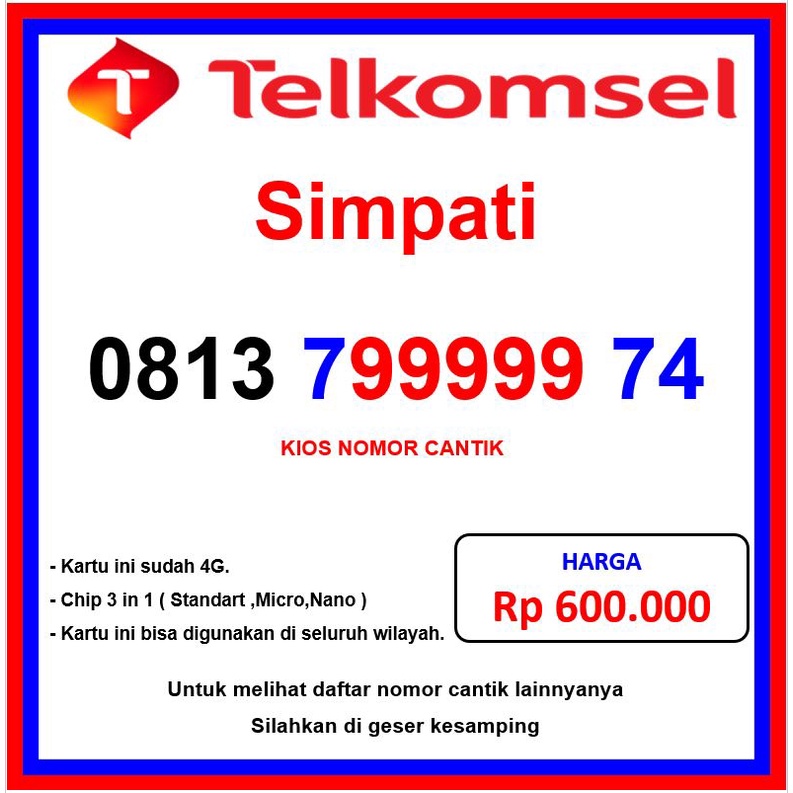 Telkomsel simpati nomor cantik simpati nomer cantik telkomsel seri panca 99999 no super 081379999974