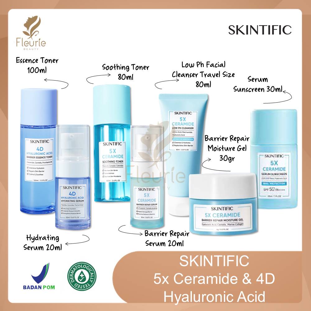 SKINTIFIC 5X Ceramide 4D Hyaluronic Acid - Soothing Toner / Barrier Repair Moisture Gel / Barrier Repair Serum / Facial Cleanser / Hydrating Toner Original BPOM