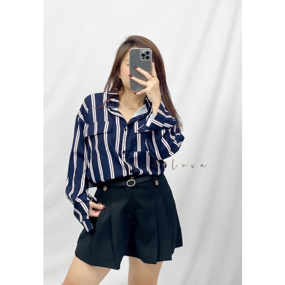 MDLV ~ 4105# Adolia Striped Shirt Kemeja Salur Import