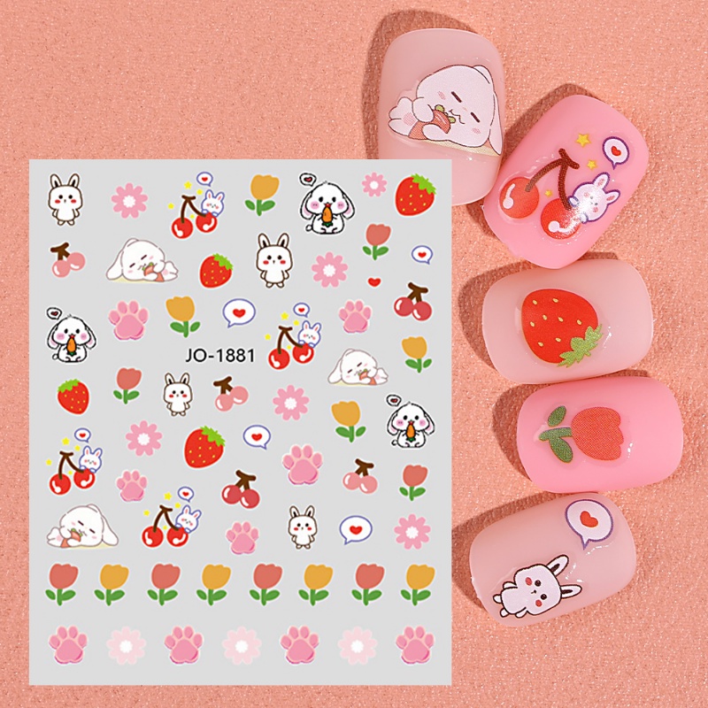 1lembar 3D Kartun Beruang Wortel Kelinci Stiker Kuku Hewan Bunga Perekat Diri Kuku Stiker DIY Manicure Art Supplies