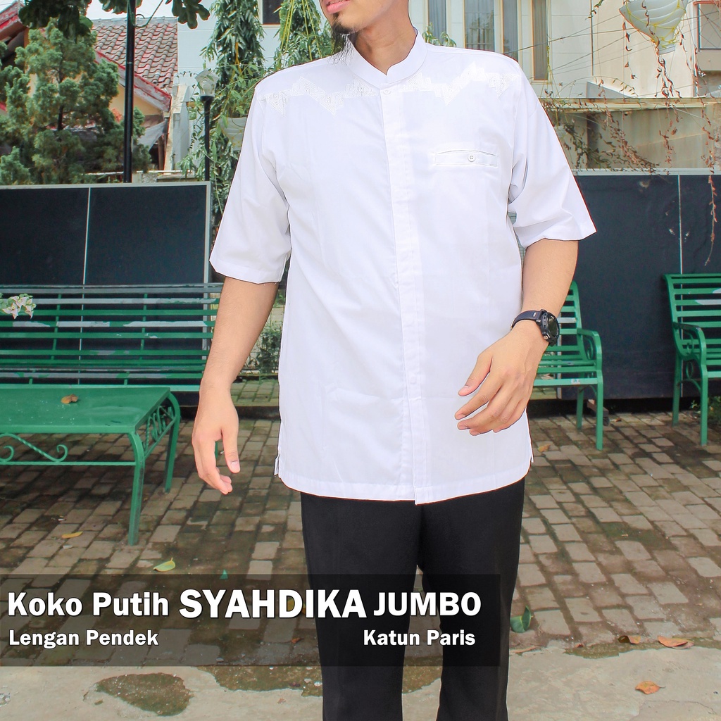 KOKO [JUMBO] Lengan PENDEK EXCLUSIVE SYAHDIKA WHITE Pria Dewasa Bordir khusus PUTIH Katun Kualitas Premium SYD