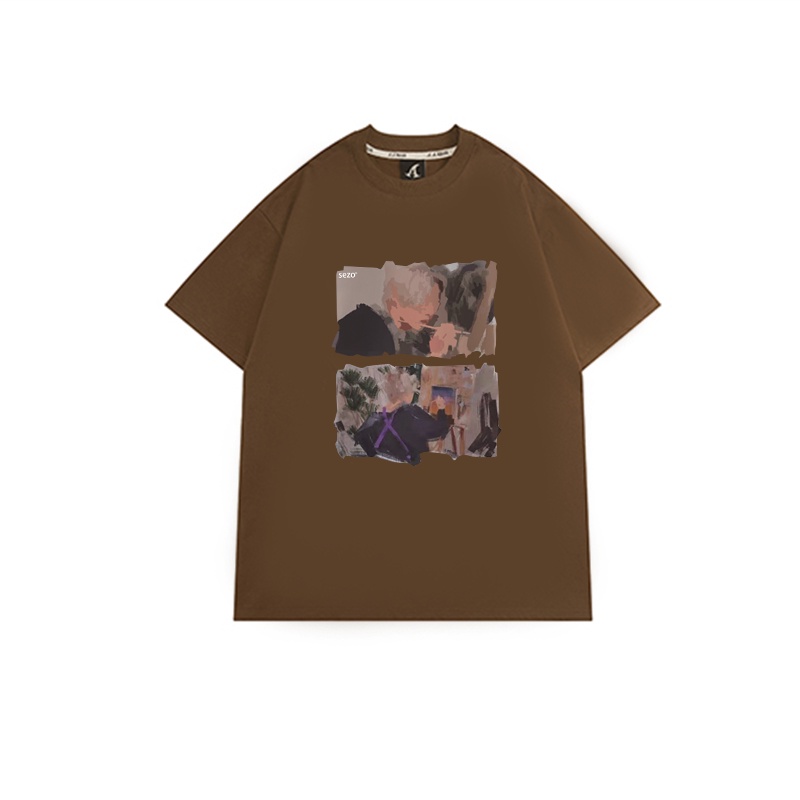 [100%  Katun]baju kaos wanita lengan pendek vintage oversize pattern printed T-shirt import kekinian kaos cream