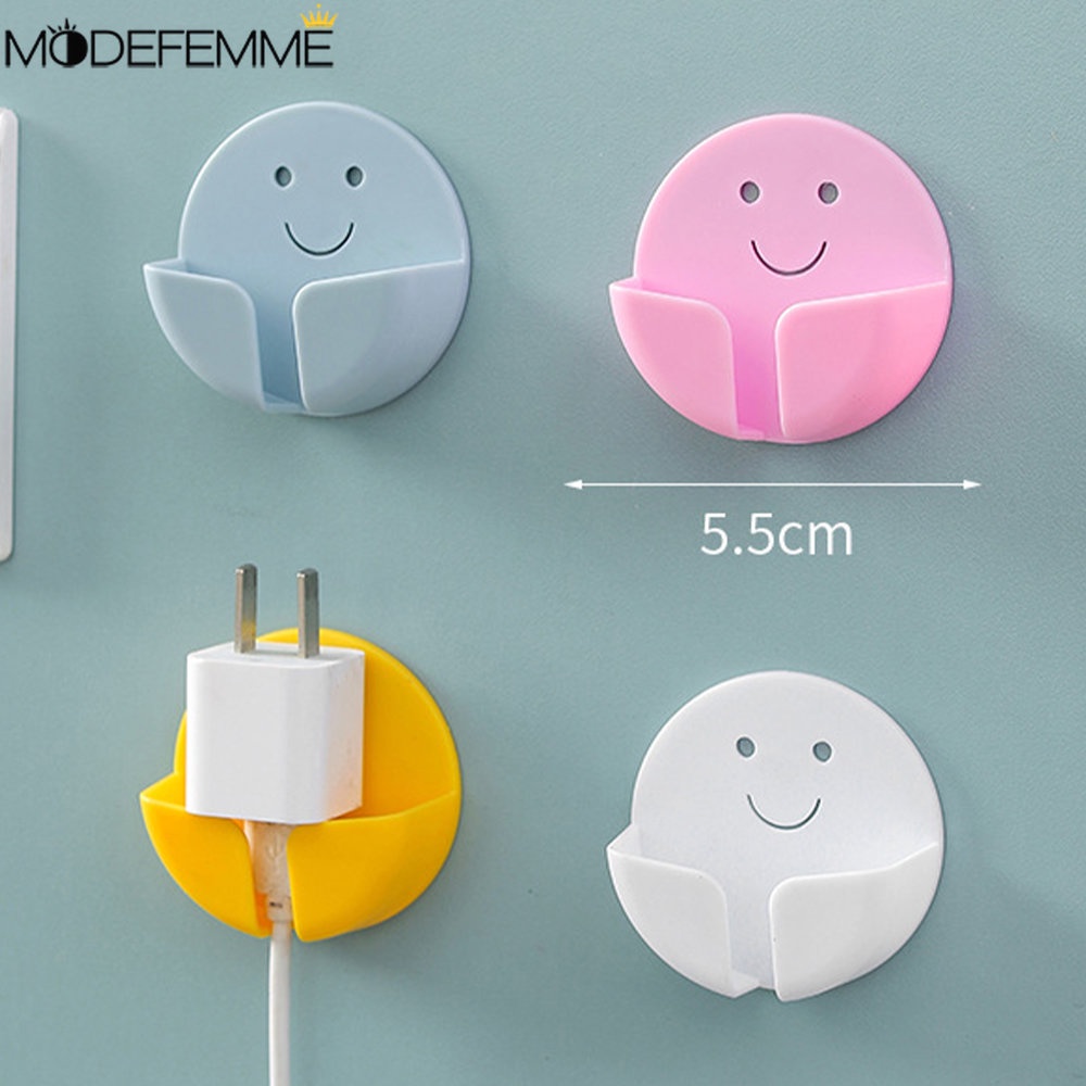 Hemat Tempat Serba Serbi Organizer Alat Telepon Charger Memperbaiki Rak Self Adhesive Power Plug Holder Kait Smiley Bulat Bebas Pukulan Untuk Kamar Mandi Dapur Kantor