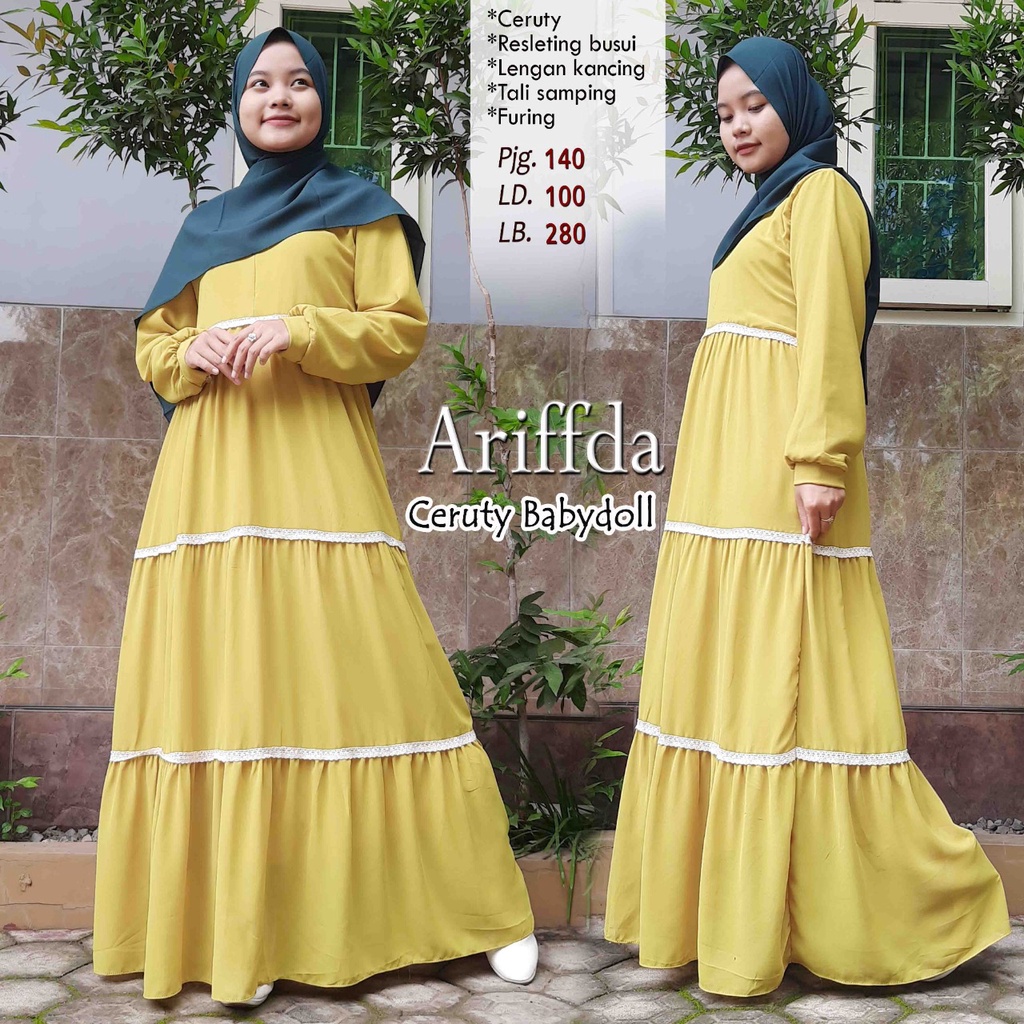 Gamis Affrida Renda Ceruty Babydoll/ Gamis Ceruty Premium Serut Susun Rempel Polos Jumbo/ Gamis Syar