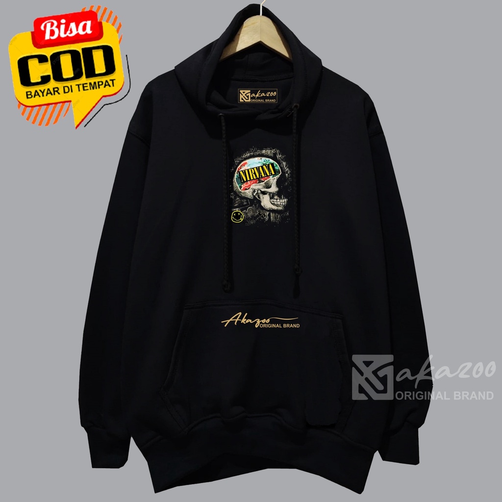 zipper hoodie pria distro kekinian akazoo warna hitam TENGKORAK NIRVANA sweater cowok kece 2022