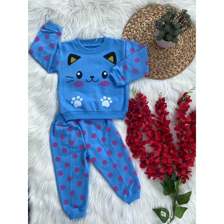 setelan sweater laki laki perempuan lucu murah motif kucing pulkadot 3 bulan - 5 tahun S,M,L