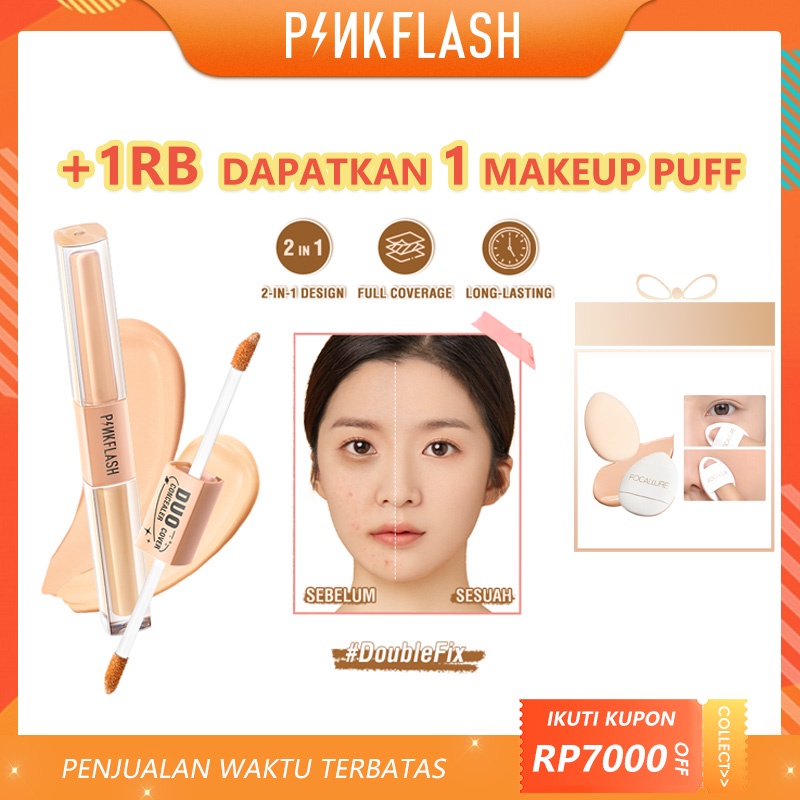 PINKFLASH 2-in-1 Dual-Shade Concealer Full Coverage DoubleFix Brighten Matte Lightweight Conceal Dark Circles Scar Acne Skin 40g