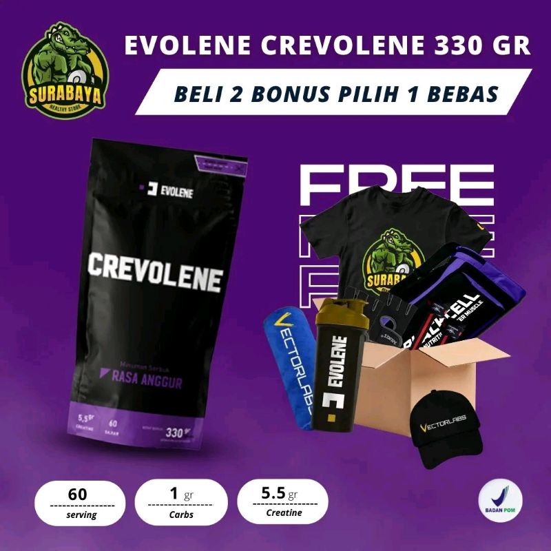 EVOLENE CREVOLENE 330 GRAM CREATINE MONOHYDRATE BPOM HALAL SUPLEMEN FITNESS GYM FITNES PENAMBAH BERAT BADAN MASSA OTOT ON KREATINE