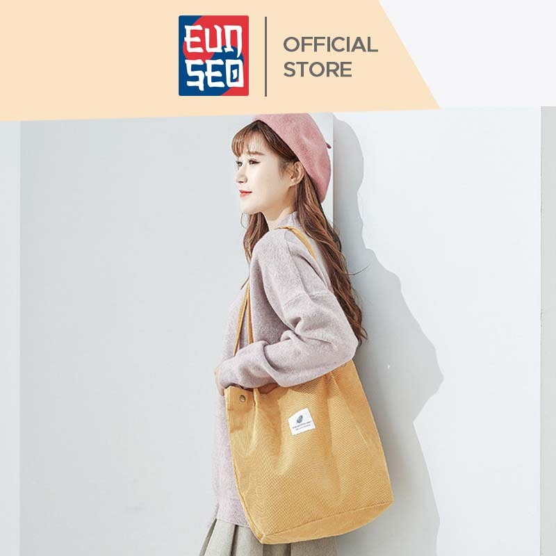 EUNSEO Tote Bag Wanita Fashion Korea Corduroy Garis Tebal Import