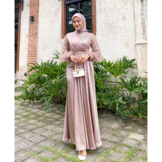 BATIK EXPRESS - Gamis Brukat Maxi Dress Auliya Lengan Panjang Baju Kondangan Wanita Kekinian Dress Bridesmaid Brukat Tulle Mix Payet Mutiara Gamis Lebaran 2023