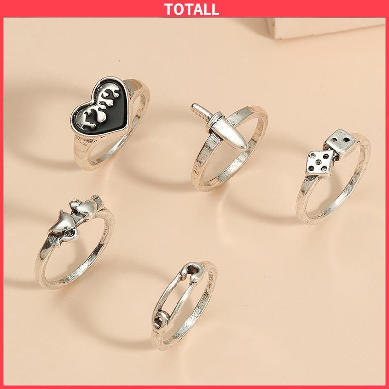 COD Domingo Ring Alloy peniti dadu love pedang retro silver cincin wanita fashion korea 5 set-Totall