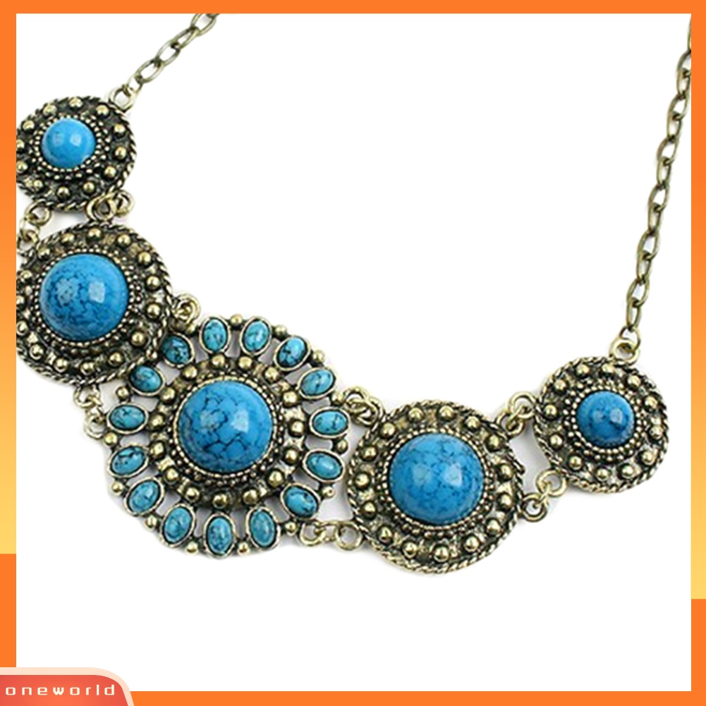 [WONE] Wanita Vintage Bohemian Bulat Biru Turquoise Batu Hias Liontin Kalung