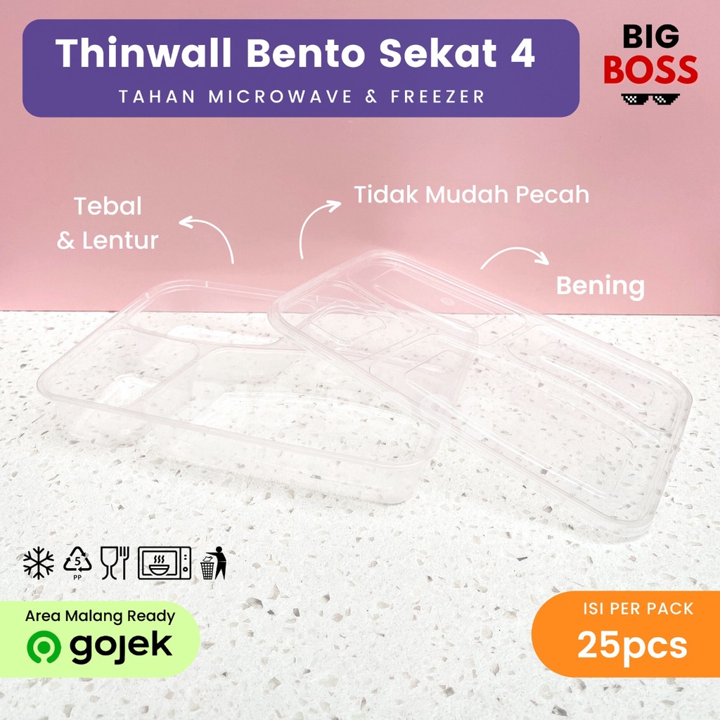 [ISI 25 PCS] Thinwall Bento Sekat 4 + Tutup / Thinwall Bento Kotak Makan Bekal / Kotak Makan Plastik / Food Container Food Grade PREMIUM MURAH